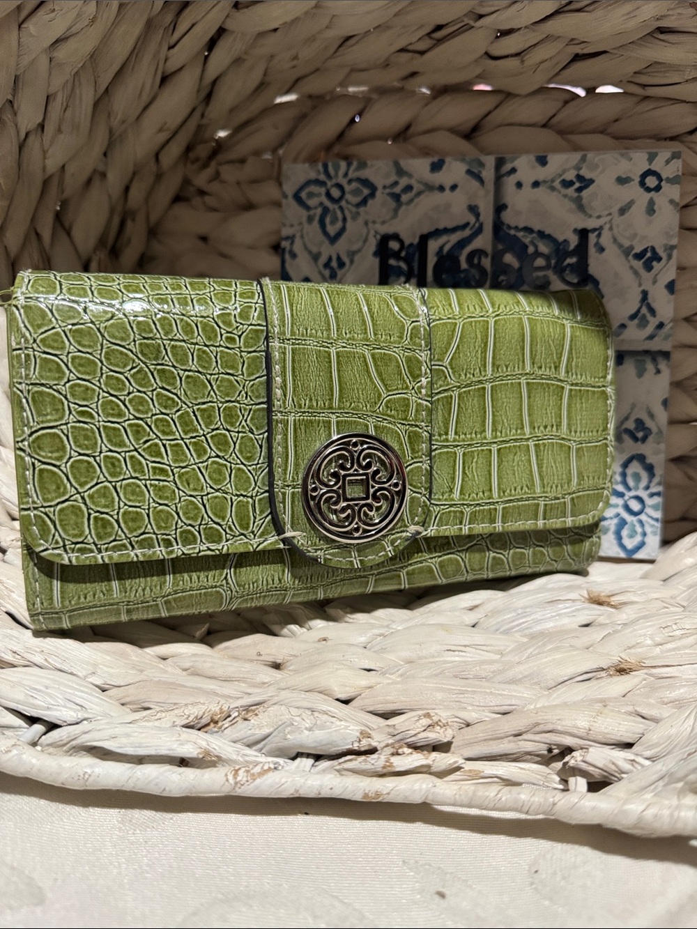 Croc-Embossed Green Wallet Clutch with Decorative Medallion
